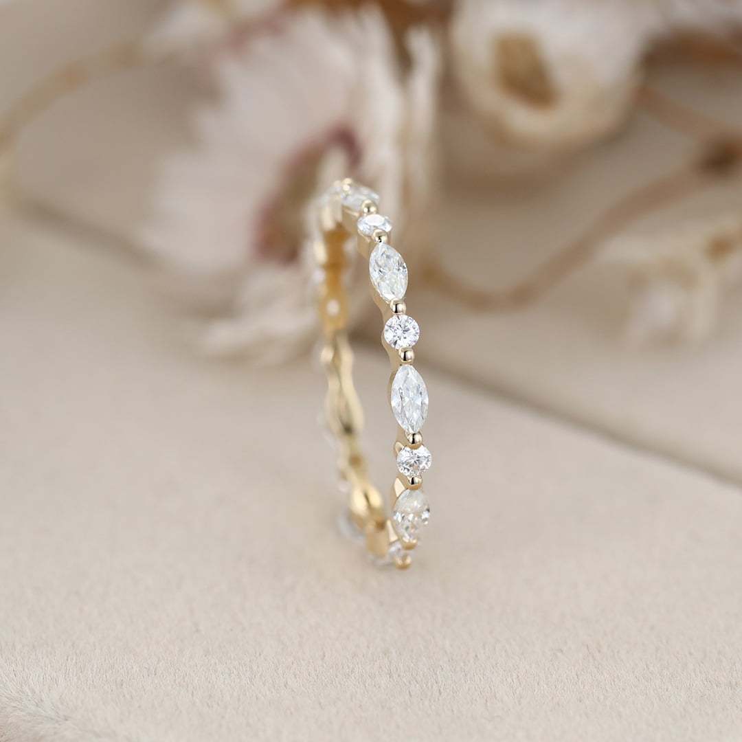 Wedding ring band women Moissanite wedding ring Yellow gold Marquise cut Diamond stacking matching Unique Full eternity Bridal Promise gift