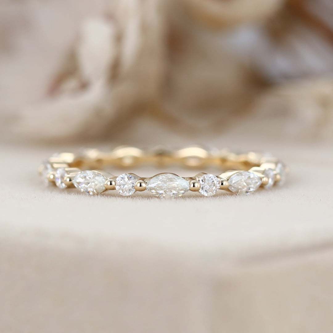 Wedding ring band women Moissanite wedding ring Yellow gold Marquise cut Diamond stacking matching Unique Full eternity Bridal Promise gift