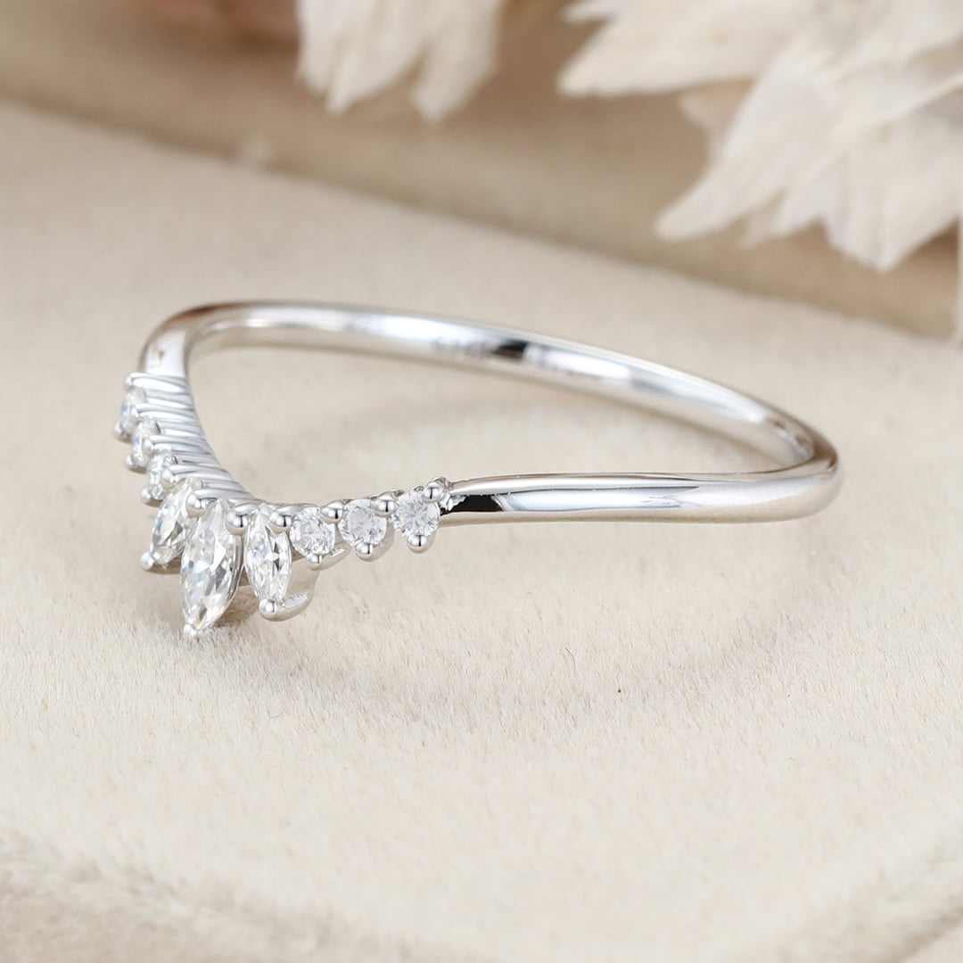 White gold Marquise diamond band ring Unique Curved wedding band women vintage Stacking Matching band bridal Promise Anniversary gift