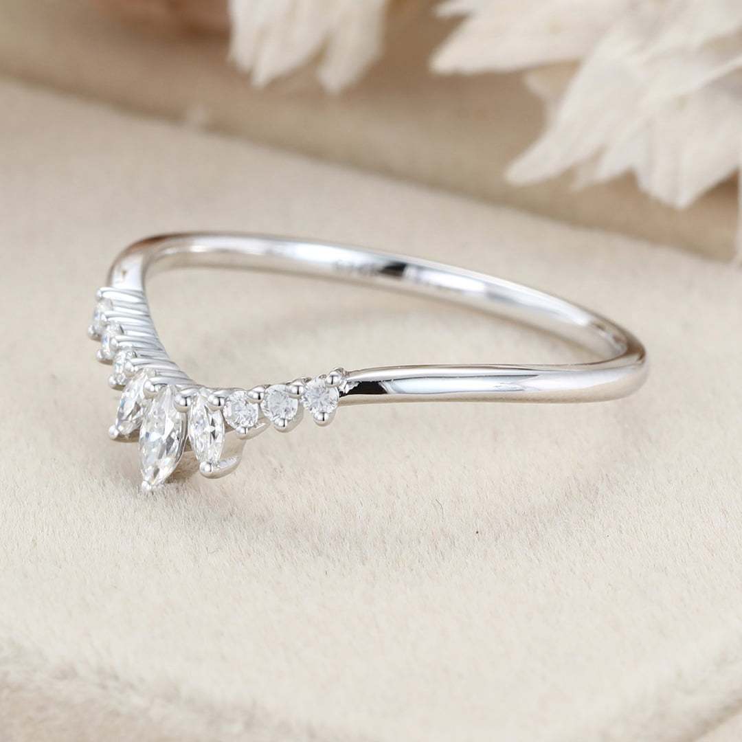 White gold Marquise diamond band ring Unique Curved wedding band women vintage Stacking Matching band bridal Promise Anniversary gift