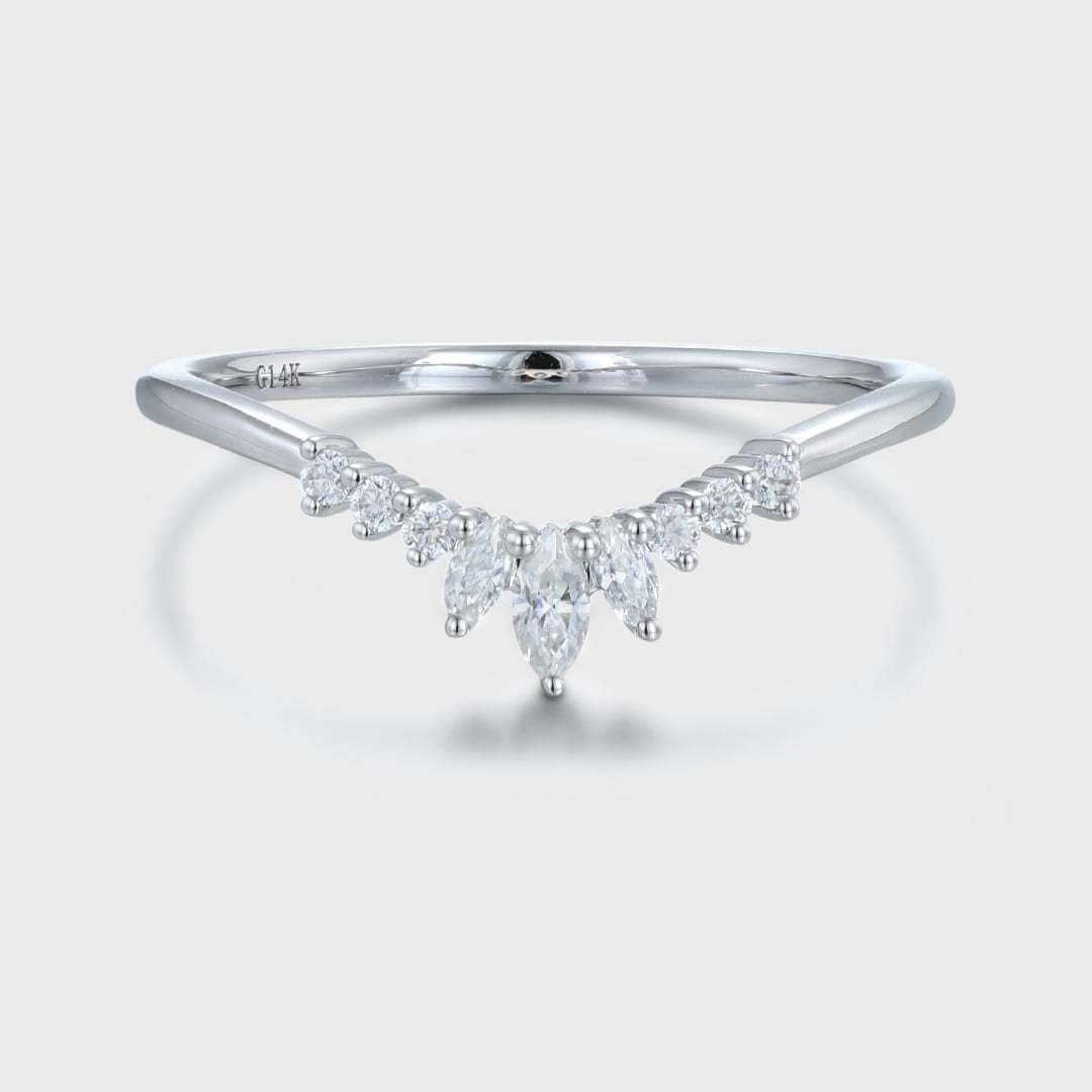 Unique Curved Wedding Band White Gold Women Stacking Matching Band Bridal Promise Anniversary Gift