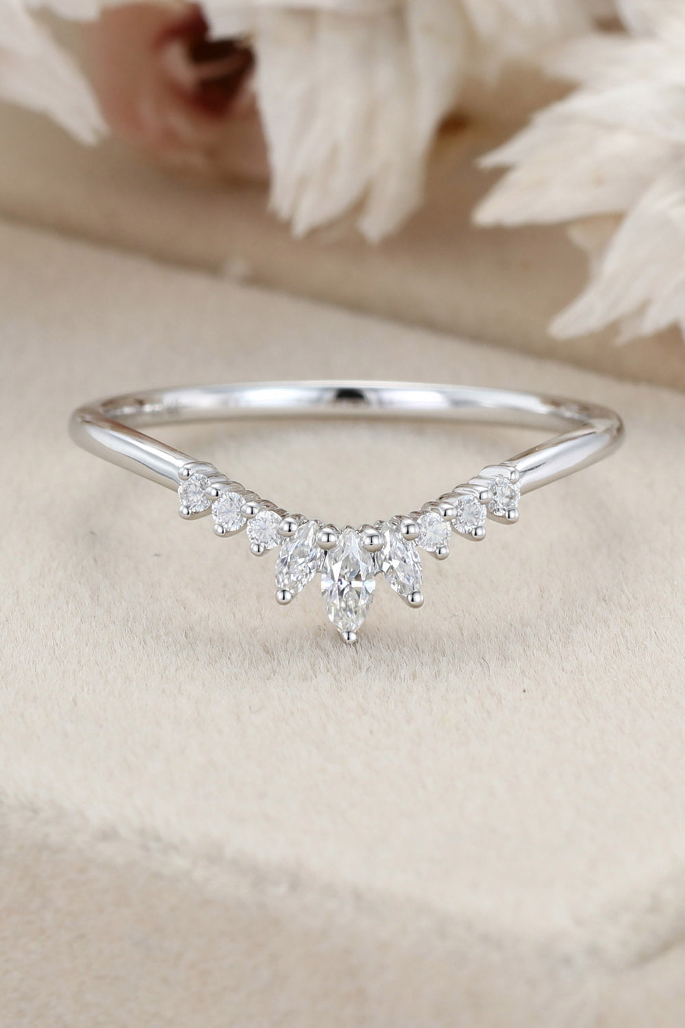 White gold Marquise diamond band ring Unique Curved wedding band women vintage Stacking Matching band bridal Promise Anniversary gift