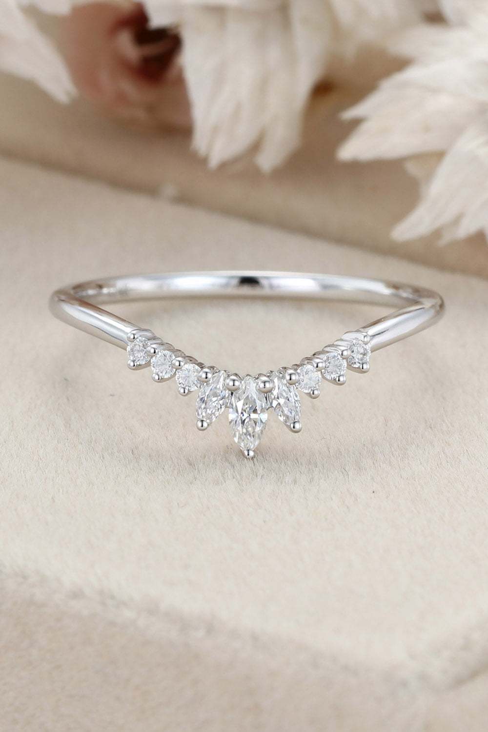 White gold Marquise diamond band ring Unique Curved wedding band women vintage Stacking Matching band bridal Promise Anniversary gift
