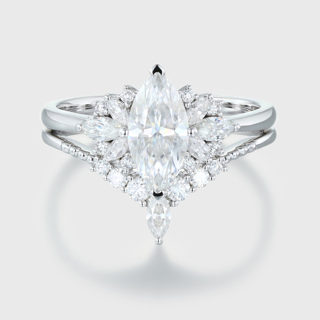 White gold Marquise moissanite engagement ring set Unique Vintage Cluster engagement ring Art Deco ring Bridal Promise Anniversary gift