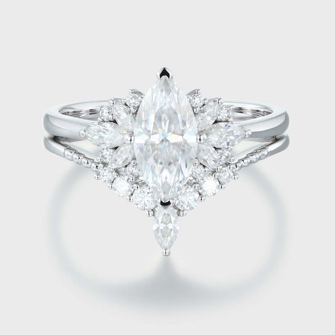 White gold Marquise moissanite engagement ring set Unique Vintage Cluster engagement ring Art Deco ring Bridal Promise Anniversary gift