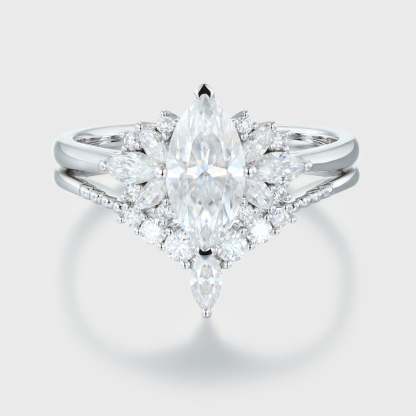 White gold Marquise moissanite engagement ring set Unique Vintage Cluster engagement ring Art Deco ring Bridal Promise Anniversary gift