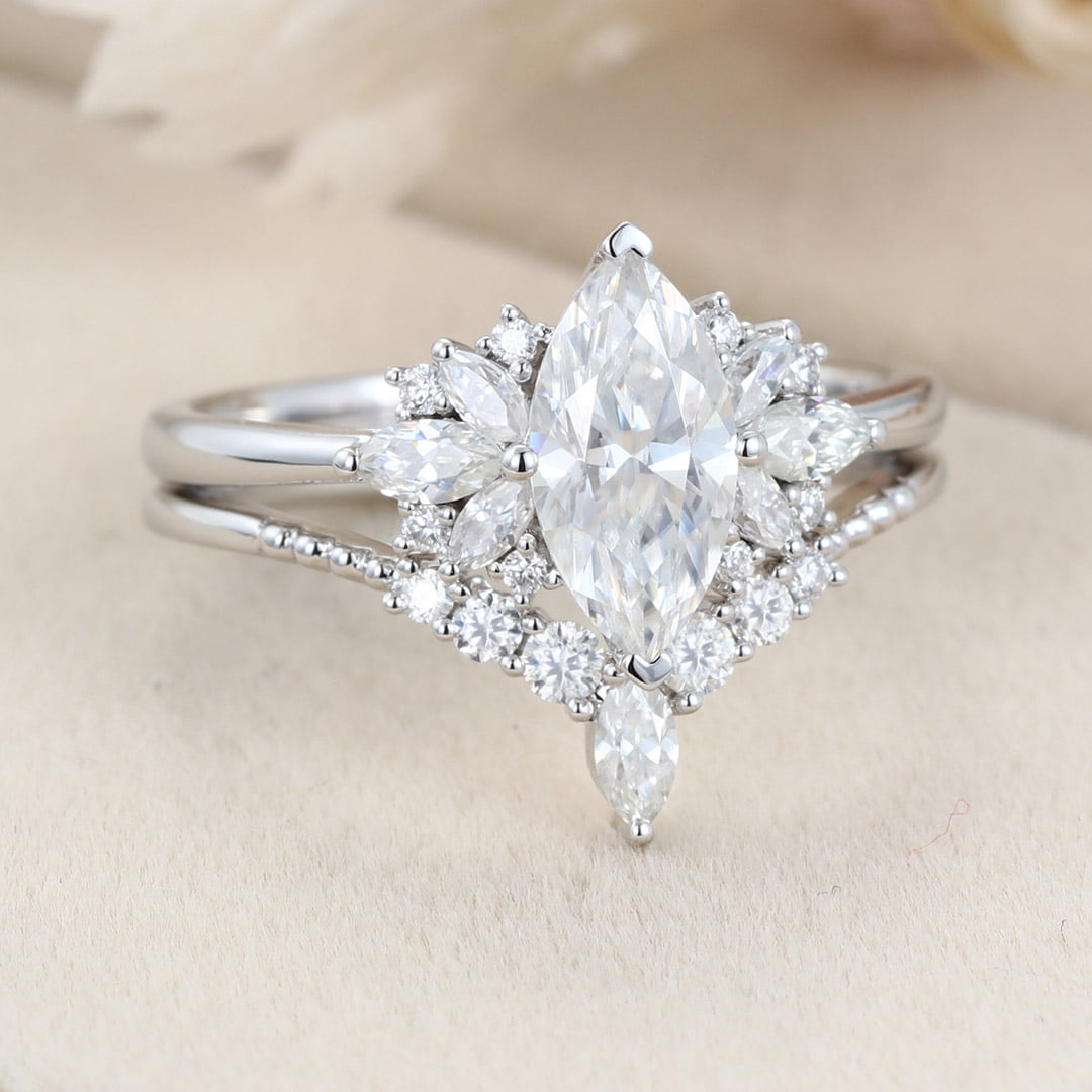 White gold Marquise moissanite engagement ring set Unique Vintage Cluster engagement ring Art Deco ring Bridal Promise Anniversary gift