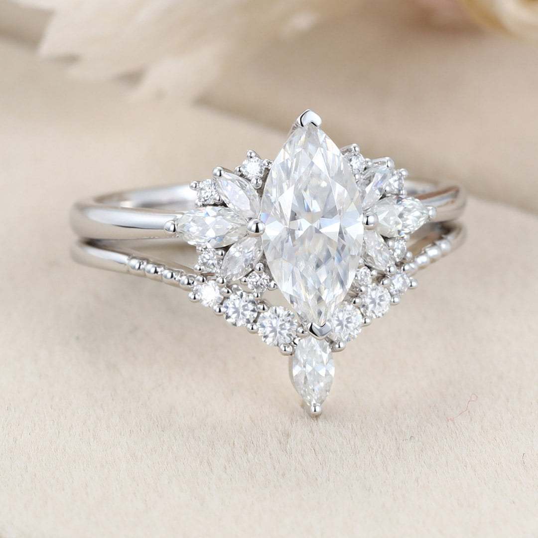 White gold Marquise moissanite engagement ring set Unique Vintage Cluster engagement ring Art Deco ring Bridal Promise Anniversary gift