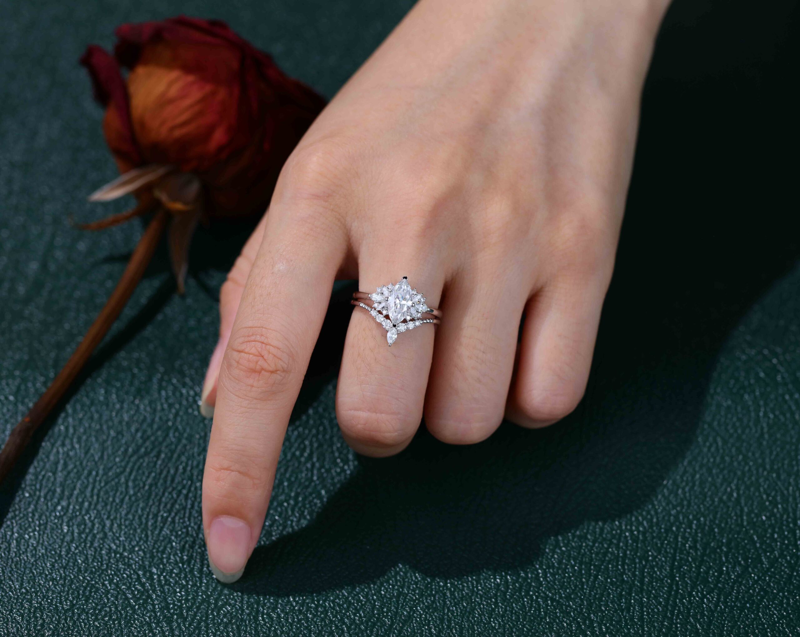 White gold Marquise moissanite engagement ring set Unique Vintage Cluster engagement ring Art Deco ring Bridal Promise Anniversary gift