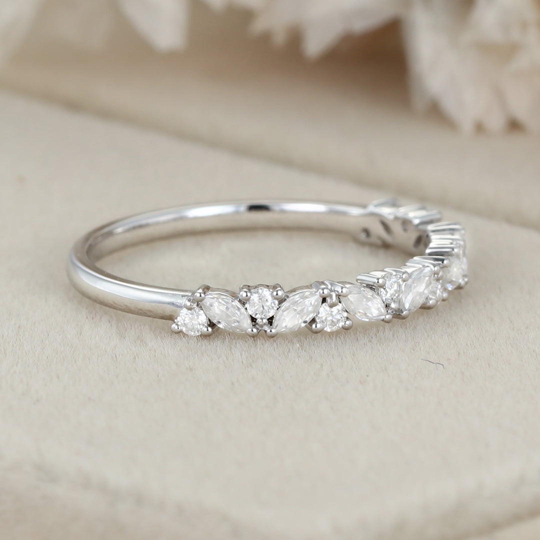 White gold wedding band women half eternity Marquise Moissanite wedding band vintage Matching Unique Bridal Stacking Promise gift for women