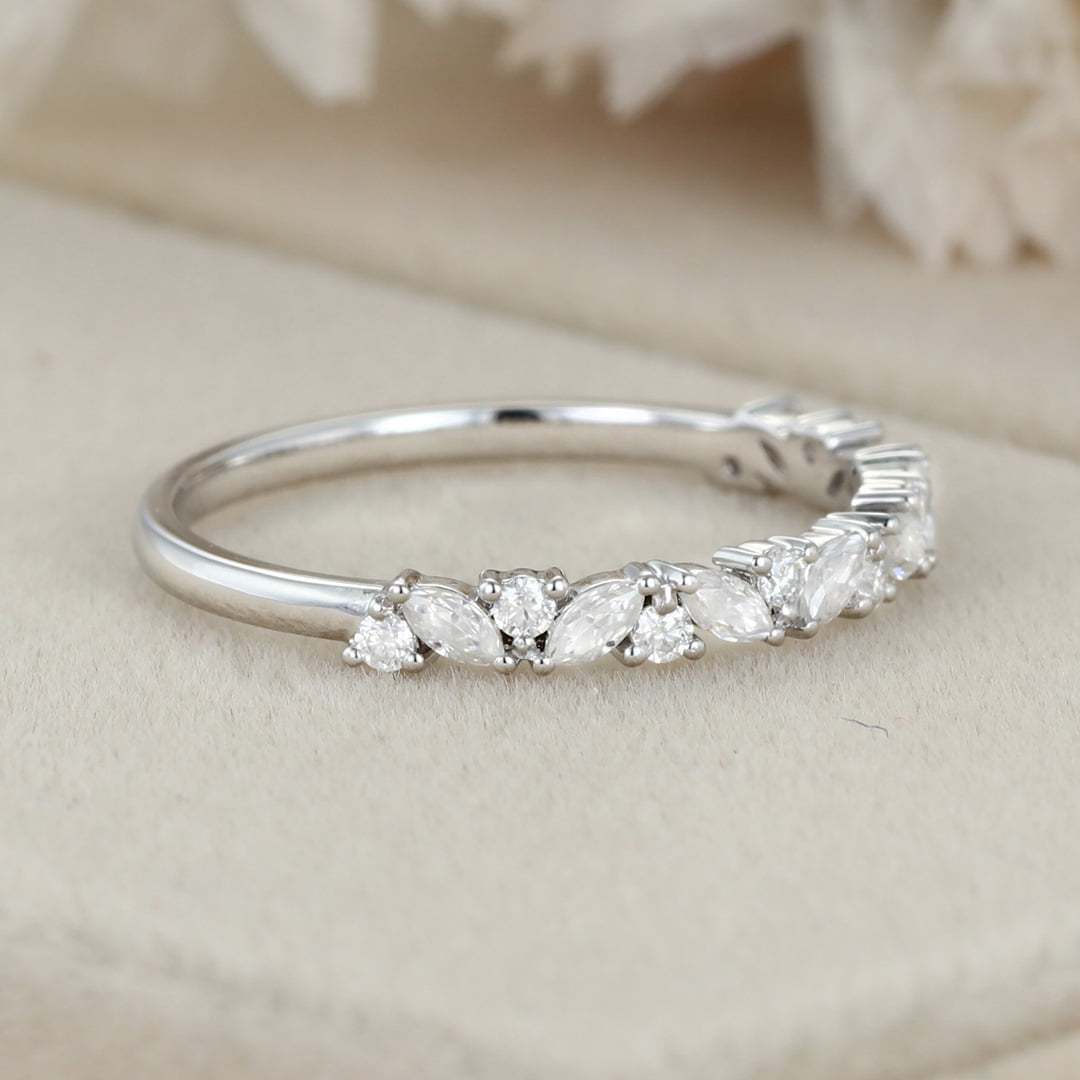 White gold wedding band women half eternity Marquise Moissanite wedding band vintage Matching Unique Bridal Stacking Promise gift for women
