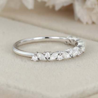 White gold wedding band women half eternity Marquise Moissanite wedding band vintage Matching Unique Bridal Stacking Promise gift for women
