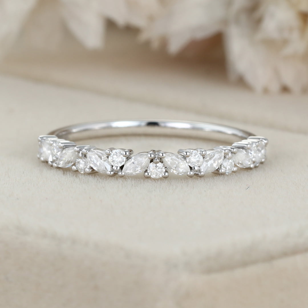 White gold wedding band women half eternity Marquise Moissanite wedding band vintage Matching Unique Bridal Stacking Promise gift for women