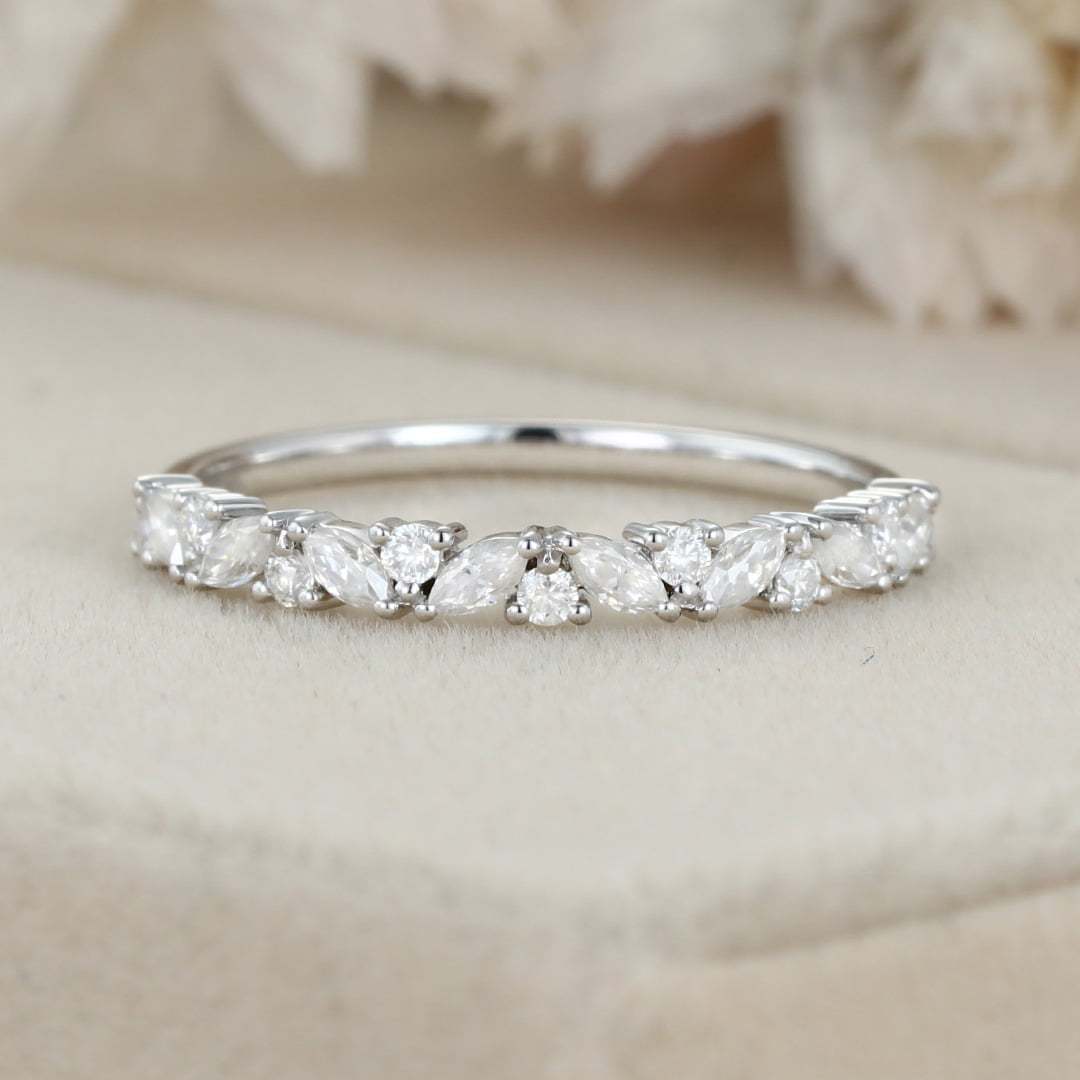 White gold wedding band women half eternity Marquise Moissanite wedding band vintage Matching Unique Bridal Stacking Promise gift for women