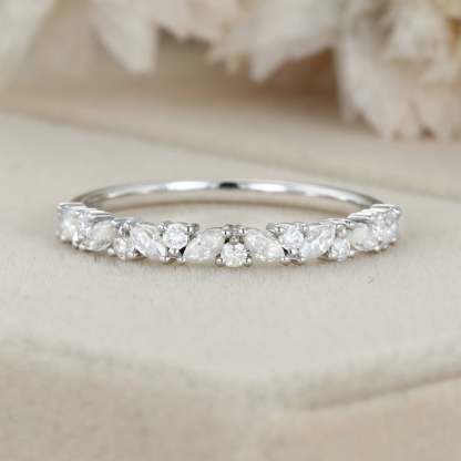 White gold wedding band women half eternity Marquise Moissanite wedding band vintage Matching Unique Bridal Stacking Promise gift for women