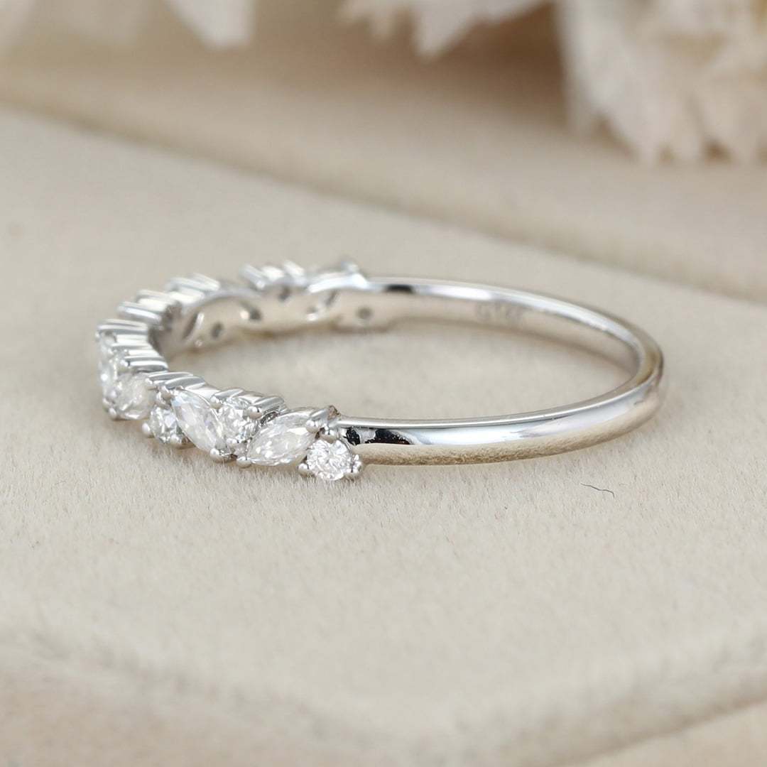 White gold wedding band women half eternity Marquise Moissanite wedding band vintage Matching Unique Bridal Stacking Promise gift for women