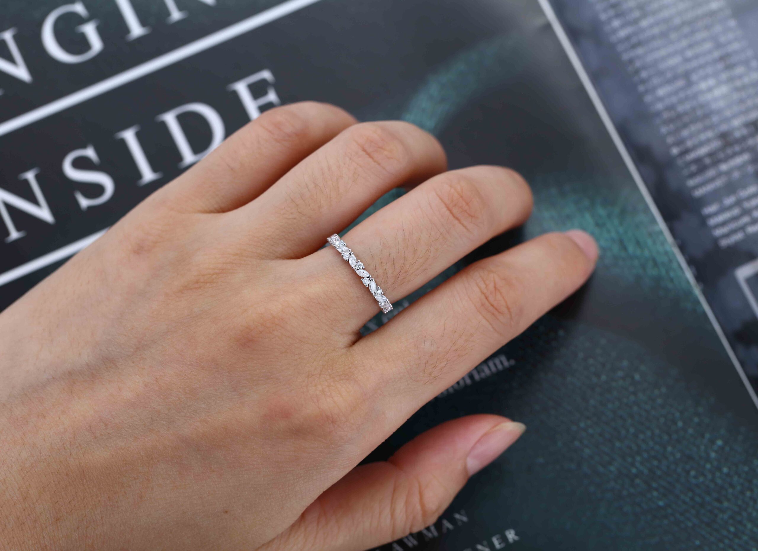 White gold wedding band women half eternity Marquise Moissanite wedding band vintage Matching Unique Bridal Stacking Promise gift for women