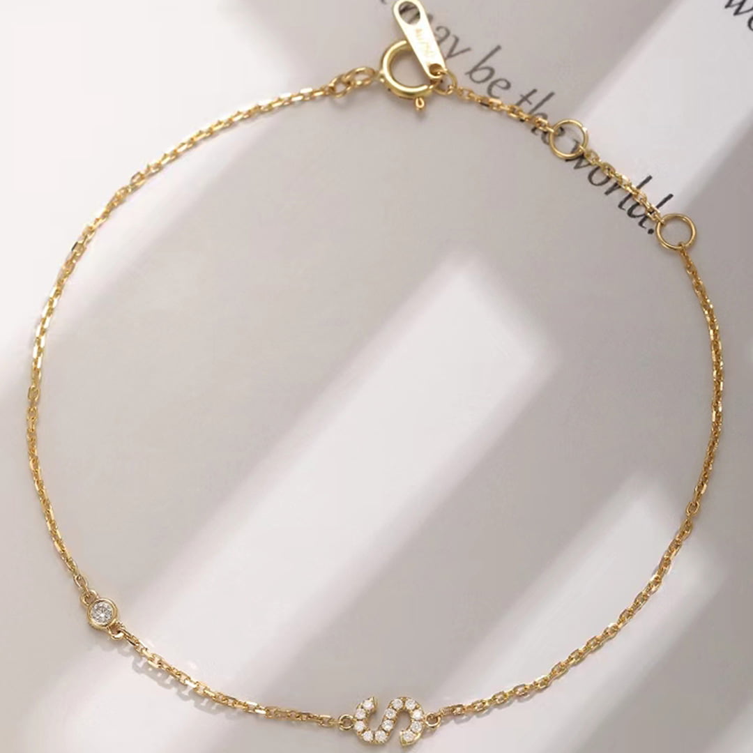 Yellow Gold Diamond Bracelet 14k Solid Gold Pave White Diamond S-shape Bracelet Dainty Friendship Bracelet Tiny Diamond Bracelet