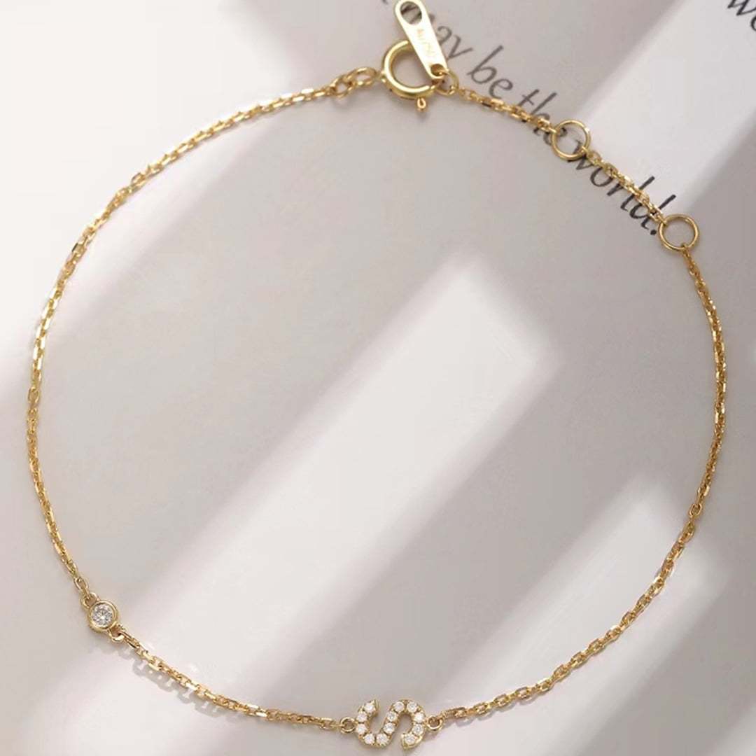 Yellow Gold Diamond Bracelet 14k Solid Gold Pave White Diamond S-shape Bracelet Dainty Friendship Bracelet Tiny Diamond Bracelet