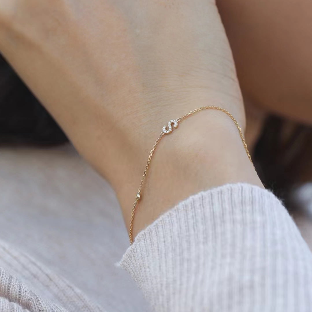 Yellow Gold Diamond Bracelet 14k Solid Gold Pave White Diamond S-shape Bracelet Dainty Friendship Bracelet Tiny Diamond Bracelet