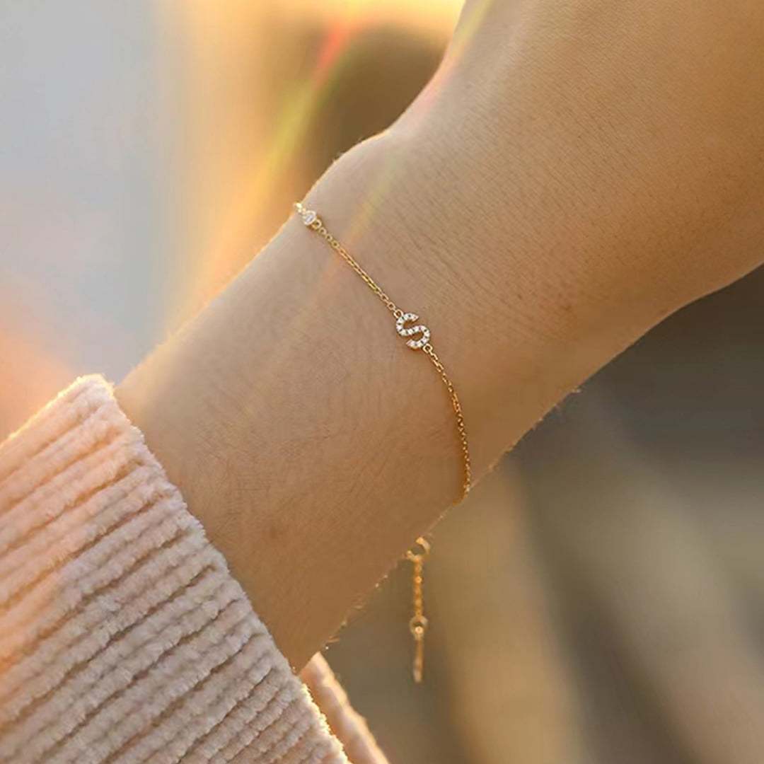 Yellow Gold Diamond Bracelet 14k Solid Gold Pave White Diamond S-shape Bracelet Dainty Friendship Bracelet Tiny Diamond Bracelet
