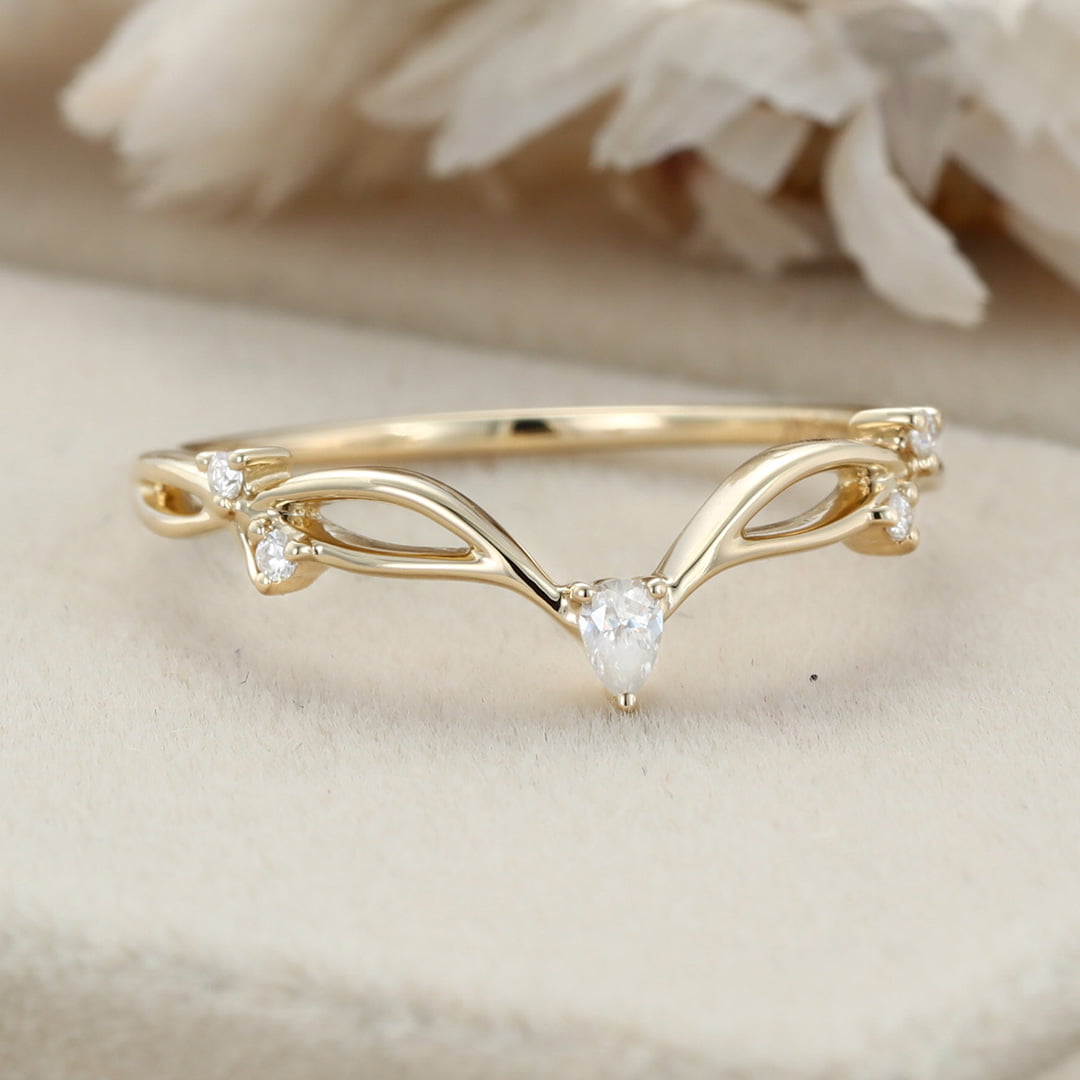 Yellow gold diamond wedding ring Pear shape Moissanite wedding band Vintage Curved wedding band Unique stacking matching promise ring