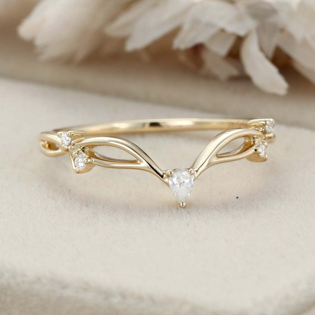 Yellow gold diamond wedding ring Pear shape Moissanite wedding band Vintage Curved wedding band Unique stacking matching promise ring