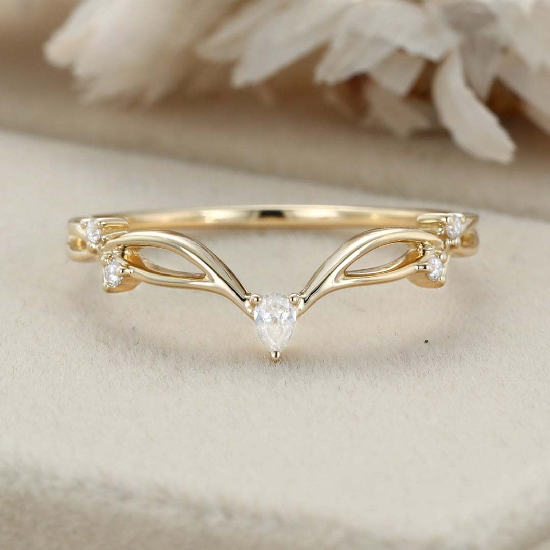 Yellow gold diamond wedding ring Pear shape Moissanite wedding band Vintage Curved wedding band Unique stacking matching promise ring