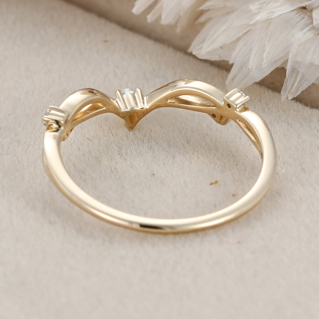 Yellow gold diamond wedding ring Pear shape Moissanite wedding band Vintage Curved wedding band Unique stacking matching promise ring