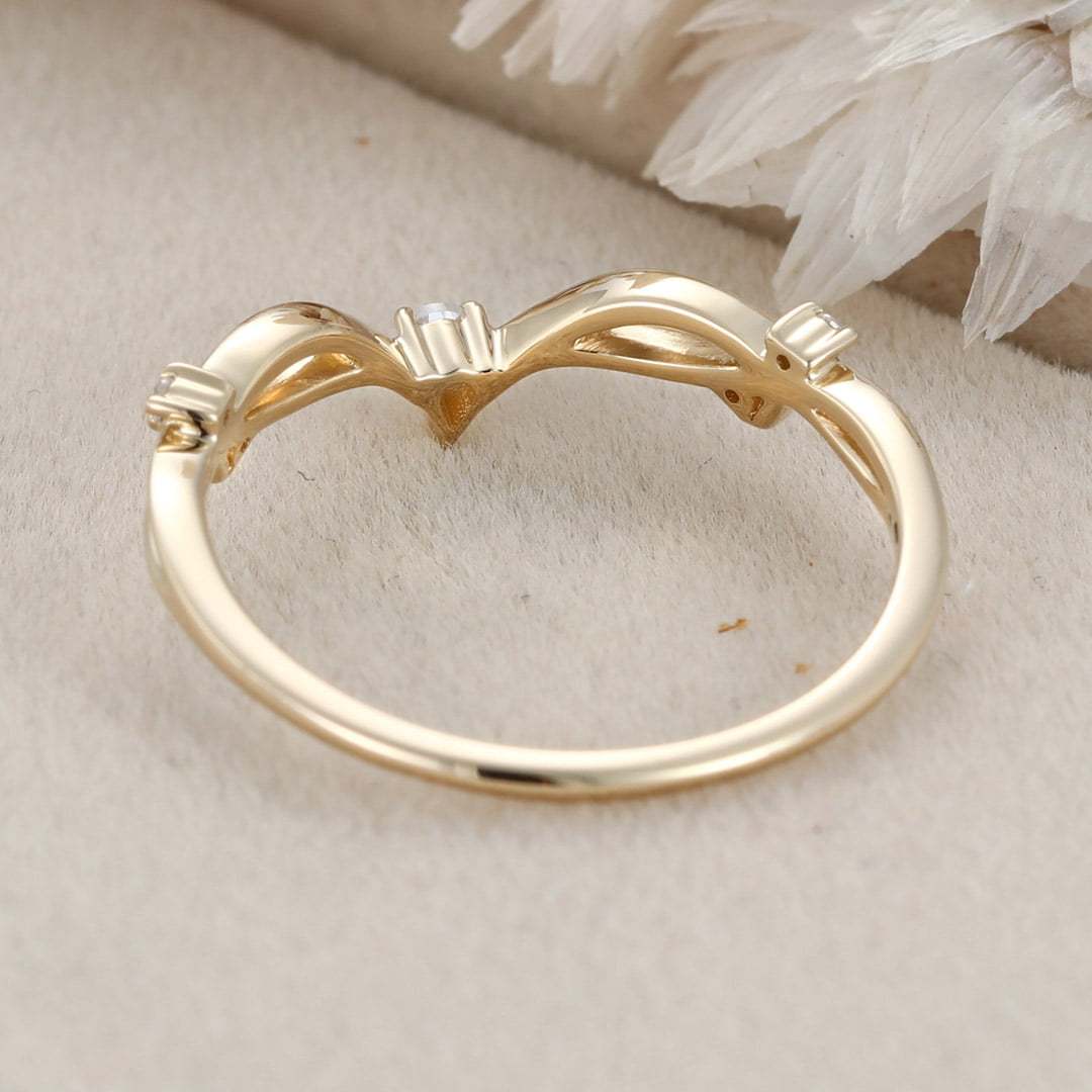 Yellow gold diamond wedding ring Pear shape Moissanite wedding band Vintage Curved wedding band Unique stacking matching promise ring