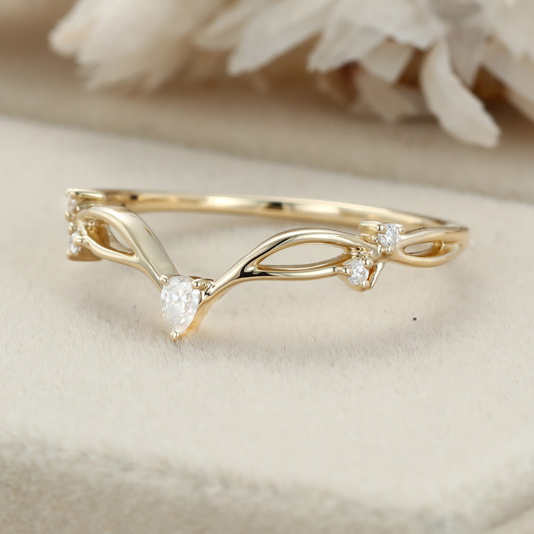 Yellow gold diamond wedding ring Pear shape Moissanite wedding band Vintage Curved wedding band Unique stacking matching promise ring
