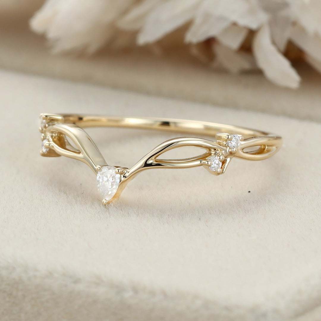 Yellow gold diamond wedding ring Pear shape Moissanite wedding band Vintage Curved wedding band Unique stacking matching promise ring