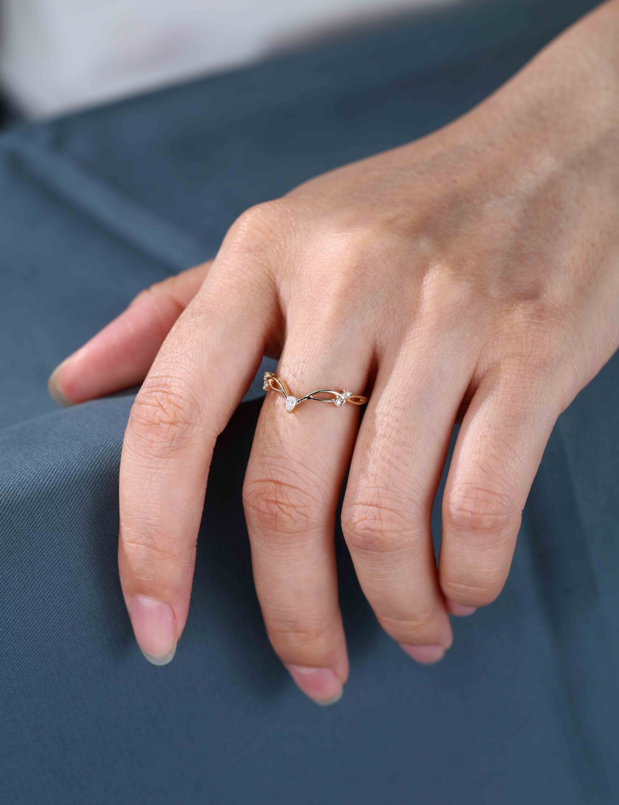 Yellow gold diamond wedding ring Pear shape Moissanite wedding band Vintage Curved wedding band Unique stacking matching promise ring