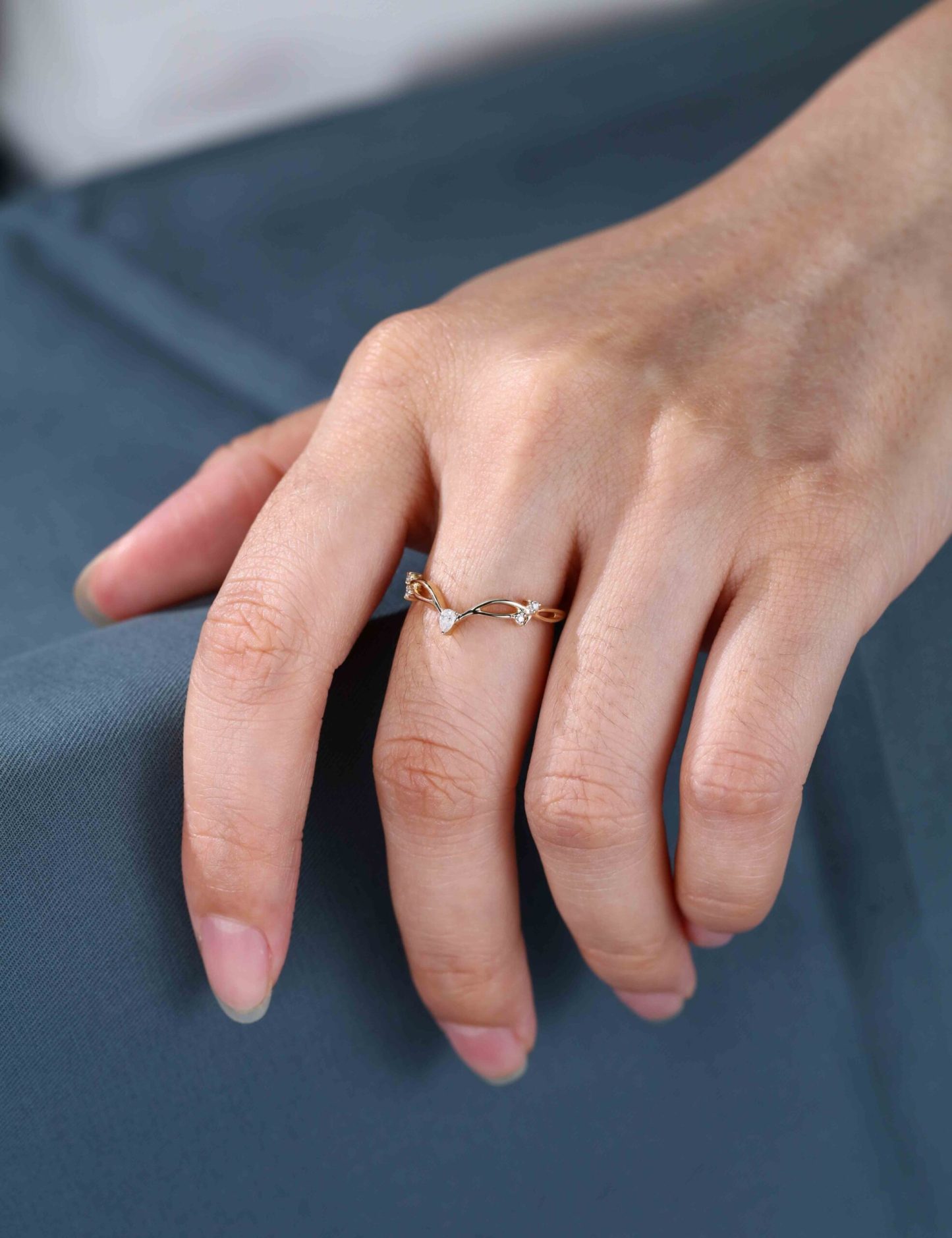 Yellow gold diamond wedding ring Pear shape Moissanite wedding band Vintage Curved wedding band Unique stacking matching promise ring