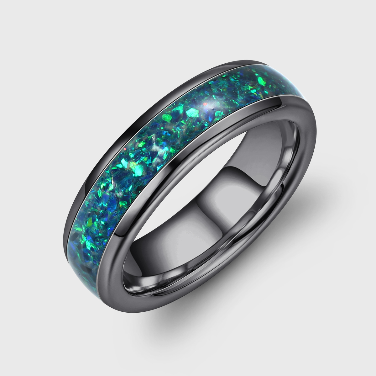 Black Gold Wedding Ring Green Opal Ring Unique Anniversary Ring Sterling Silver Wedding Band Comfort Fit