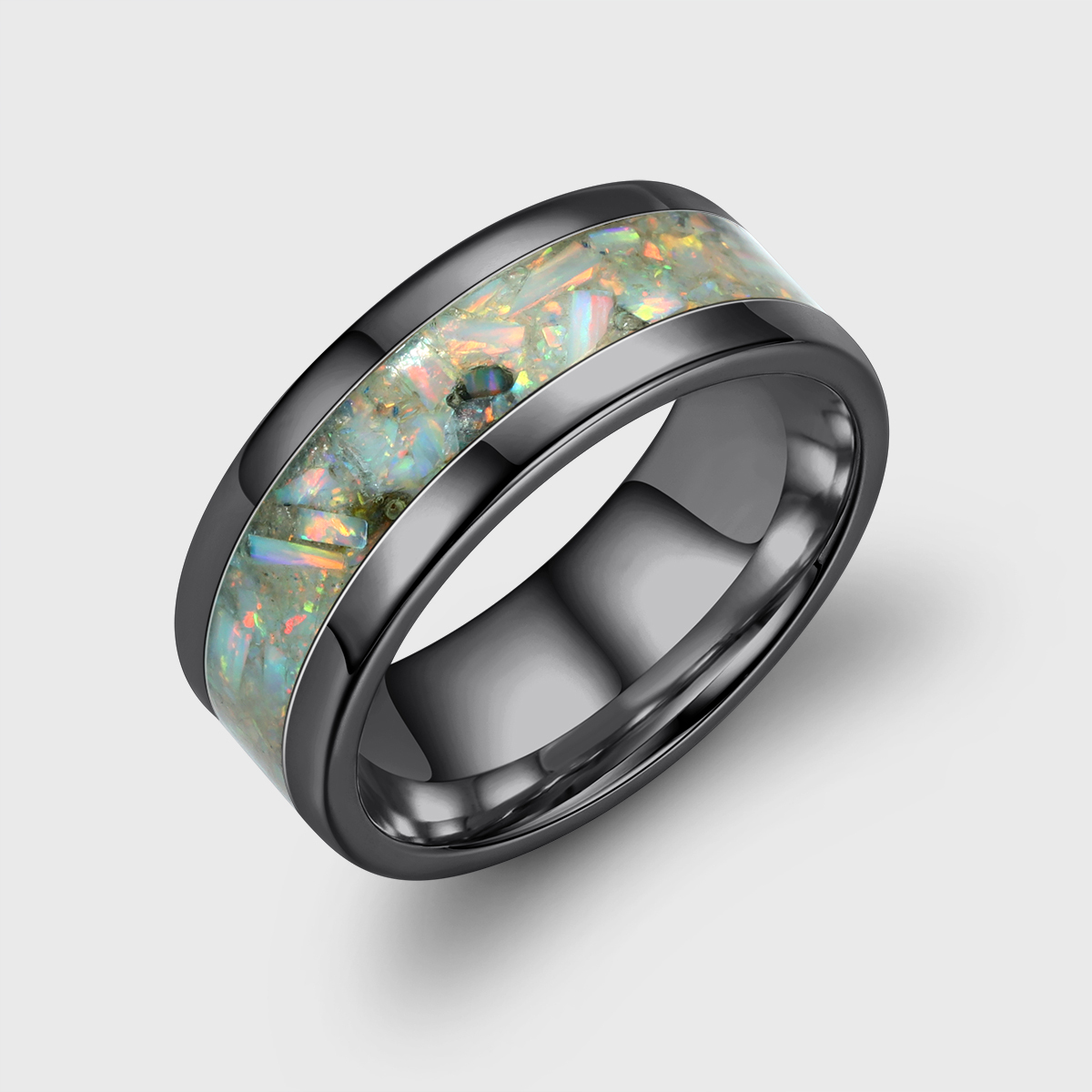 His and Hers Wedding Band, Crushed Opal Ring, 8mm & 6mm&4mm Silver Ring Set, Couples Ring, Polish, Dome, Comfort Fit
