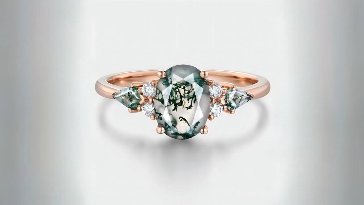 Oval Cut Moss Agate Engagement Ring – Vintage 14K Rose Gold Cluster Green Agate Anniversary Ring for Women