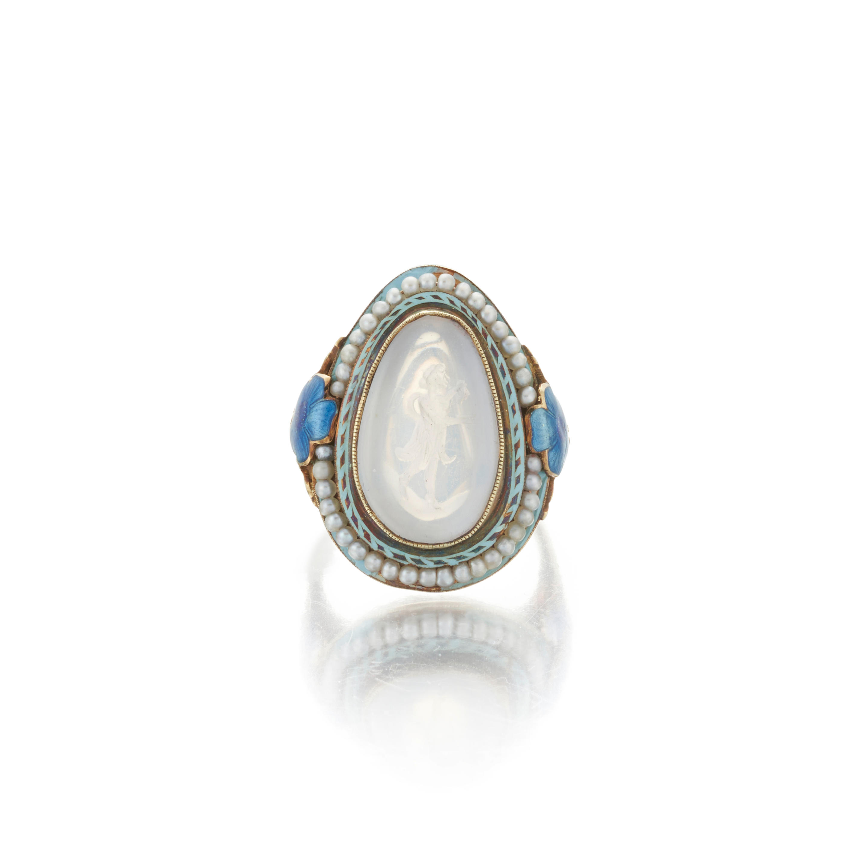 AN ART DECO 14K GOLD, MOONSTONE INTAGLIO, ENAMEL, AND SEED PEARL RING