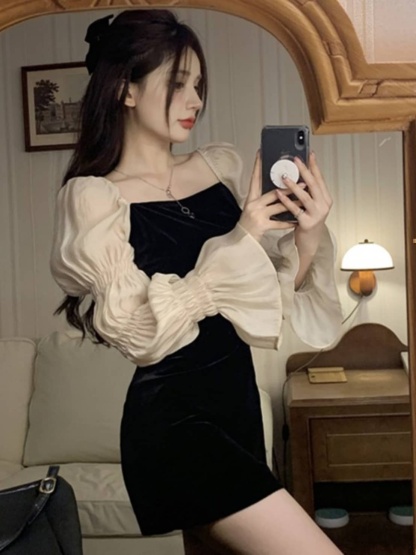 Bell Sleeve Faux Velvet Dress