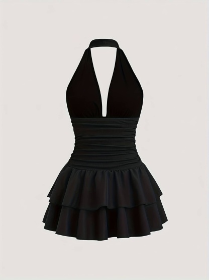 Solid Ruched Halter Neck Dress | LUNMUL