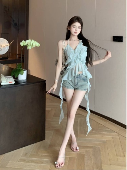 Asymmetric Ruffle Halter Neck Top