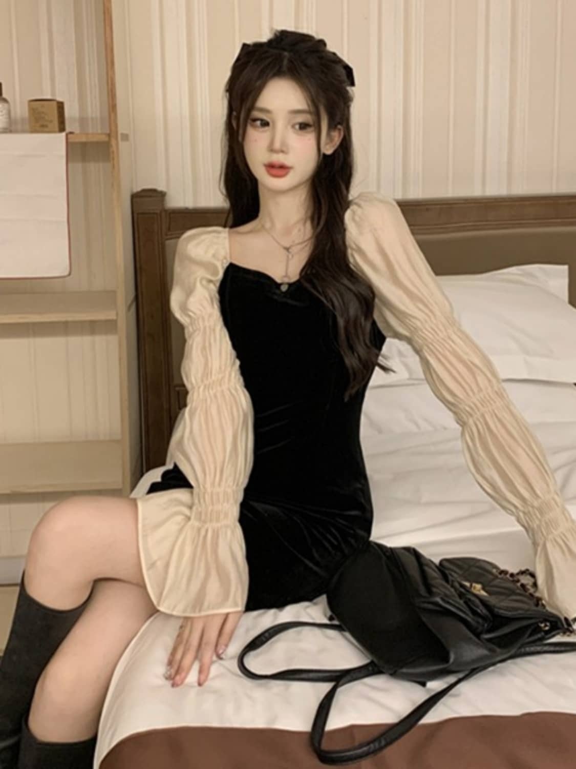 Bell Sleeve Faux Velvet Dress