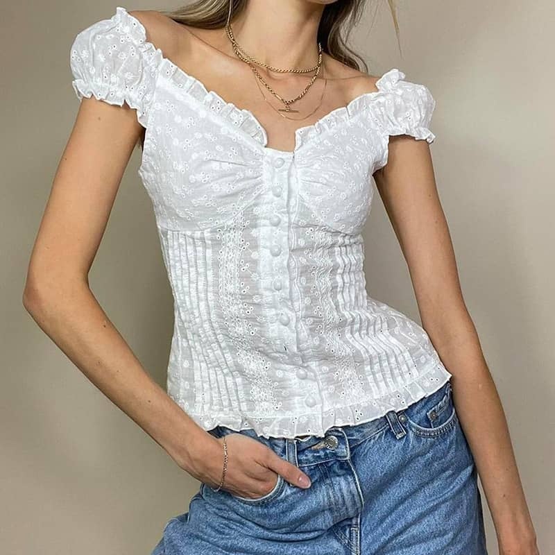 Lace Jacquard Ruffle Button Top