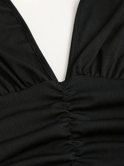 Solid Ruched Halter Neck Dress