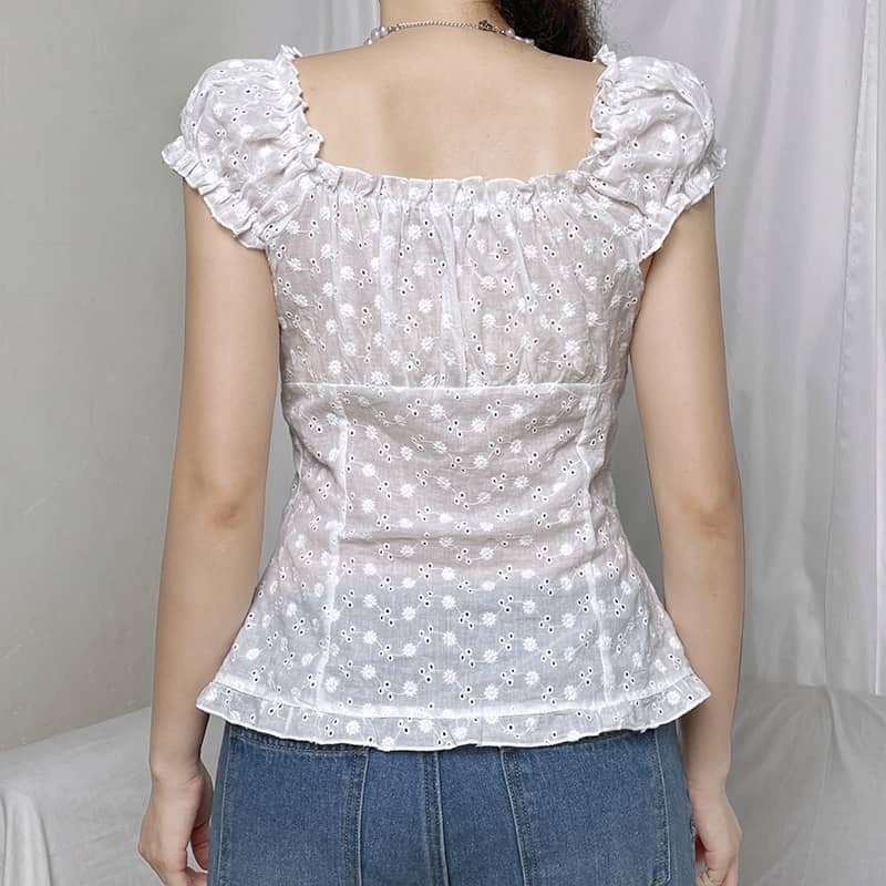 Lace Jacquard Ruffle Button Top