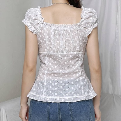 Lace Jacquard Ruffle Button Top