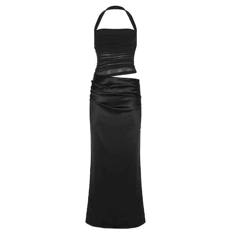 Mesh Panel Halter Dress