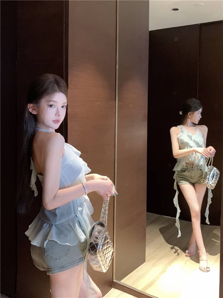 Asymmetric Ruffle Halter Neck Top