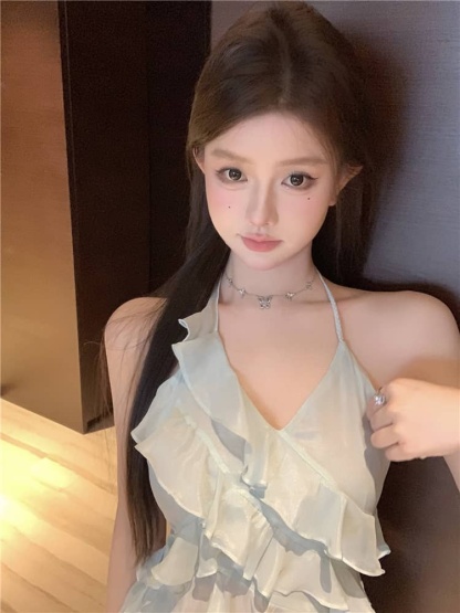 Asymmetric Ruffle Halter Neck Top