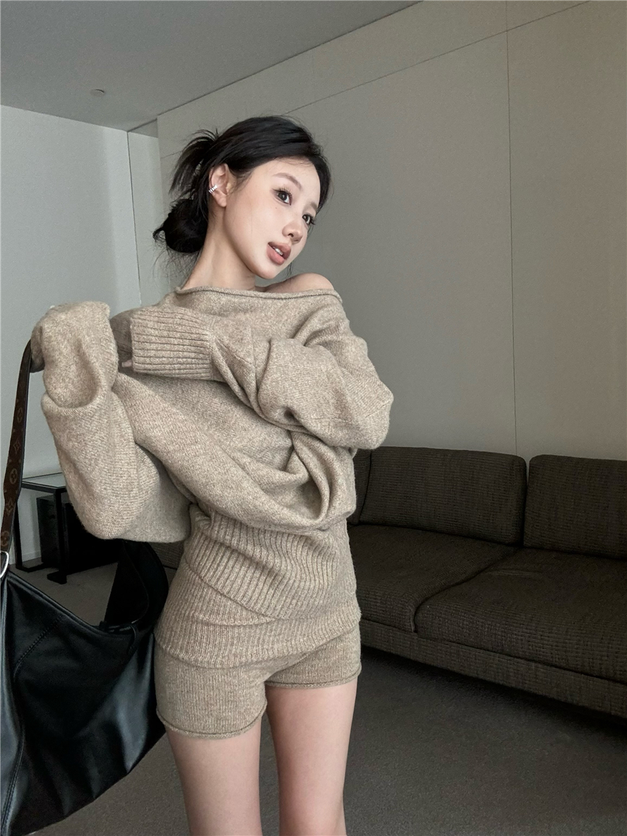Off-Shoulder Sweater & Knit Shorts Set